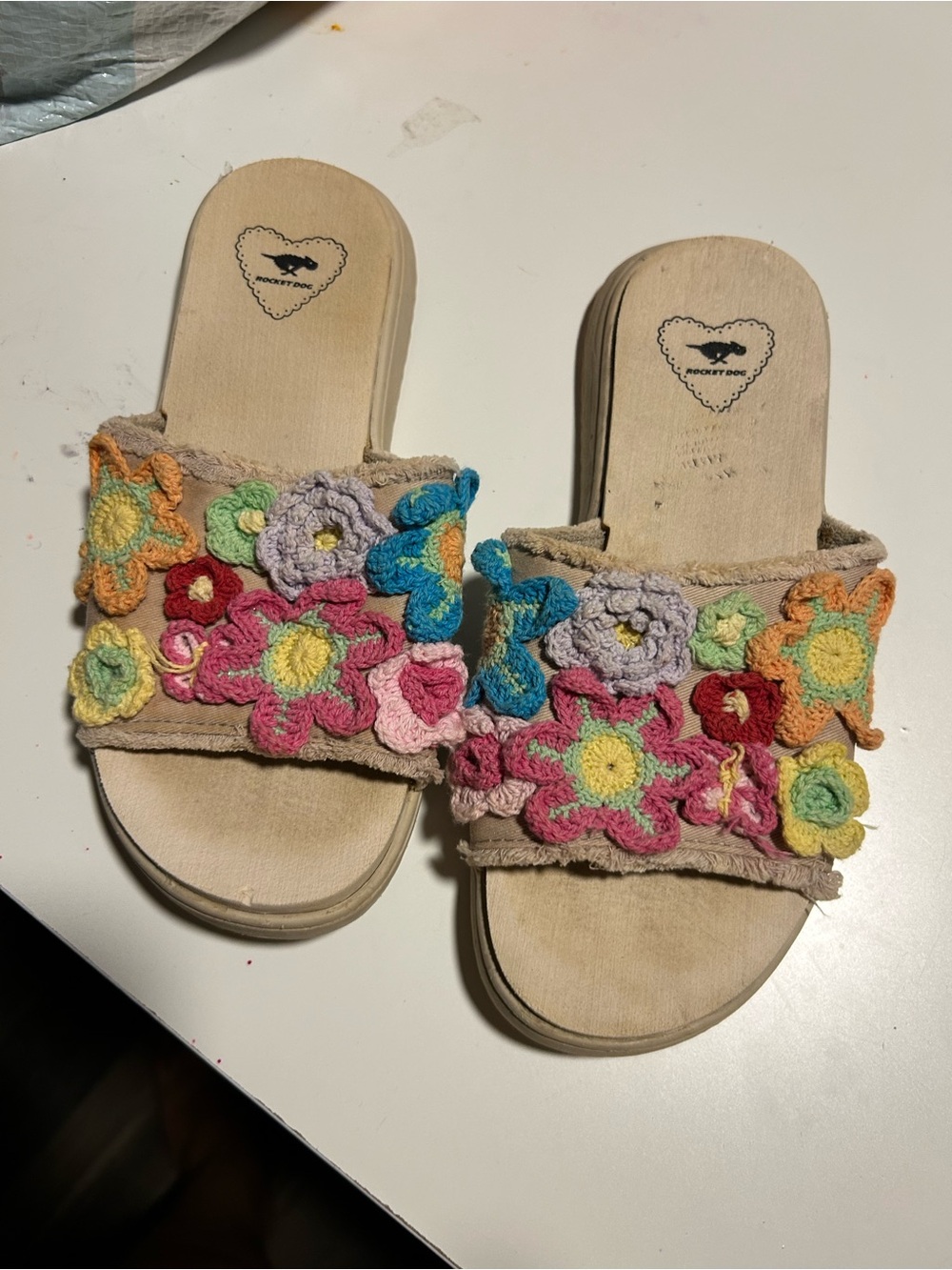 Rocket Dog Beige Slide Mules with Multicolor Crochet Flowers